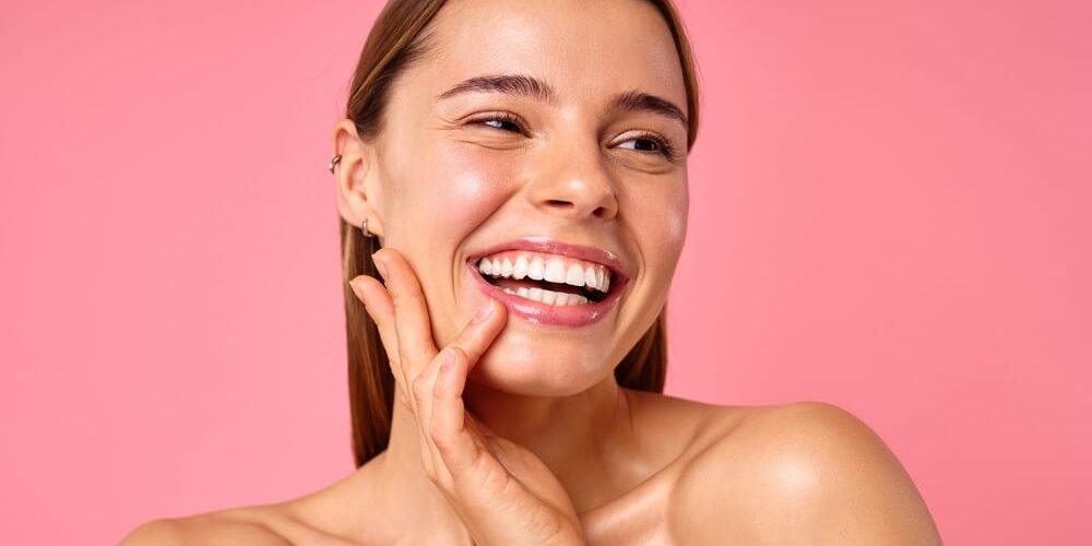 woman happy skincare